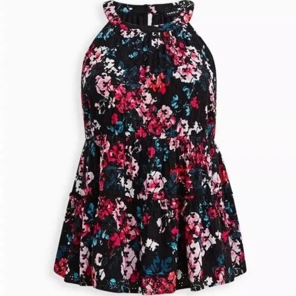 torrid Tops - Torrid Floral Halter Tiered Tank Top Black Multicolor Size 2X 100% Rayon